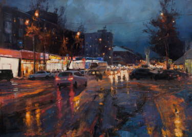 Painting titled "City in evening lig…" by Evgeny Burtsev, Original Artwork, Oil Mounted on Wood Stretcher frame