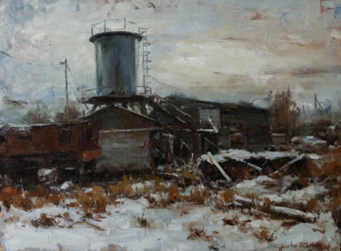 Painting titled "On urban outskirts.…" by Evgeny Burtsev, Original Artwork, Oil Mounted on Wood Stretcher frame
