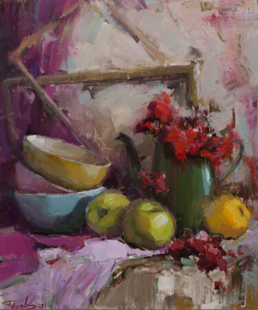 Painting titled "Still life with row…" by Evgeny Burtsev, Original Artwork, Oil Mounted on Cardboard
