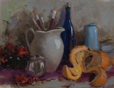 Painting titled "Still life with pum…" by Evgeny Burtsev, Original Artwork, Oil Mounted on Cardboard