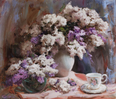 Painting titled "Lilac aroma. Floral…" by Evgeny Burtsev, Original Artwork, Oil Mounted on Wood Stretcher frame