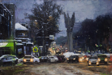 Painting titled "Evening in the city…" by Evgeny Burtsev, Original Artwork, Oil Mounted on Wood Stretcher frame