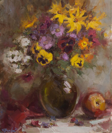 Painting titled "Bouquet with viola.…" by Evgeny Burtsev, Original Artwork, Oil Mounted on Cardboard