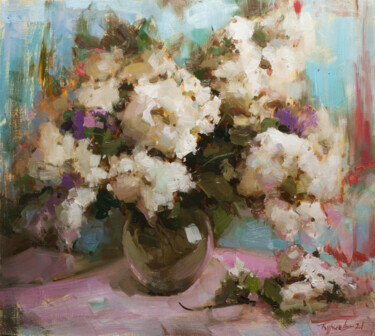 Painting titled "First lilac. Lilac…" by Evgeny Burtsev, Original Artwork, Oil Mounted on Wood Stretcher frame