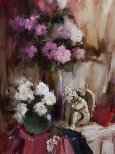 Painting titled "Grief. Floral still…" by Evgeny Burtsev, Original Artwork, Oil Mounted on Wood Stretcher frame