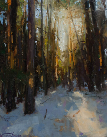 Painting titled "Forest walk" by Evgeny Burtsev, Original Artwork, Oil Mounted on Cardboard
