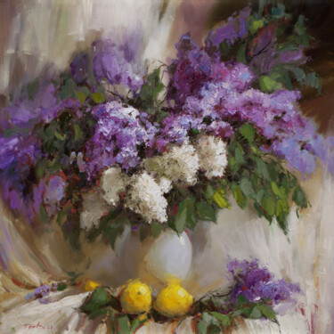 Pintura titulada "Lemons and lilacs.…" por Evgeny Burtsev, Obra de arte original, Oleo