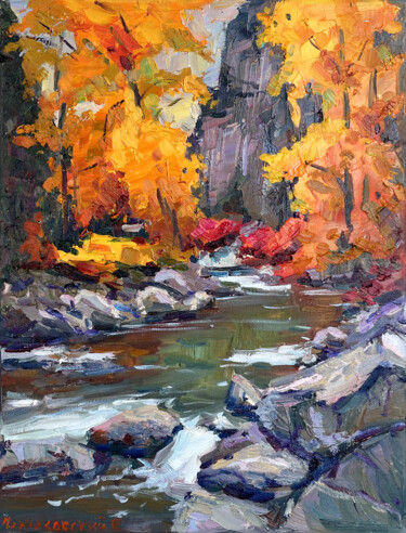 Painting titled "River Autumn" by Evgeny Chernyakovsky, Original Artwork, Oil Mounted on Wood Stretcher frame