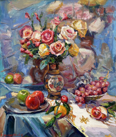 Painting titled "Still life with ros…" by Evgeny Chernyakovsky, Original Artwork, Oil Mounted on Wood Stretcher frame