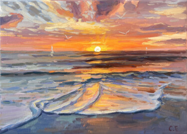 Painting titled "Sea dawn" by Evgeny Chernyakovsky, Original Artwork, Oil Mounted on Wood Stretcher frame