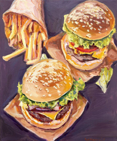 Painting titled "Burgers" by Evgeny Chernyakovsky, Original Artwork, Oil Mounted on Wood Stretcher frame