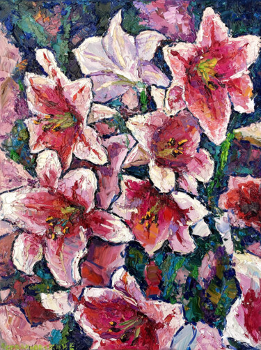 Painting titled "Red lilies" by Evgeny Chernyakovsky, Original Artwork, Oil Mounted on Wood Stretcher frame