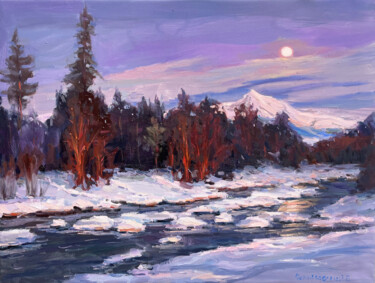 Painting titled "Winter" by Evgeny Chernyakovsky, Original Artwork, Oil Mounted on Wood Stretcher frame