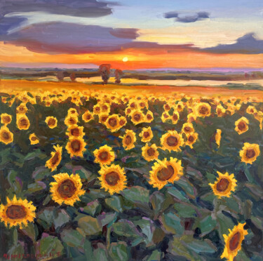 Painting titled "sunset with sunflow…" by Evgeny Chernyakovsky, Original Artwork, Oil Mounted on Wood Stretcher frame