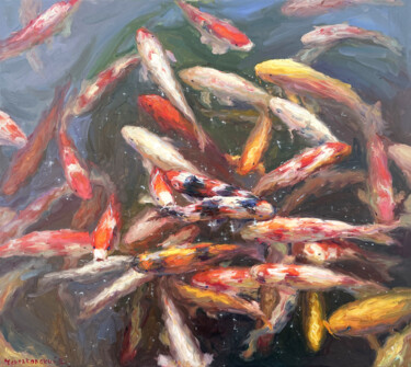 Painting titled "Koi pond" by Evgeny Chernyakovsky, Original Artwork, Oil Mounted on Wood Stretcher frame