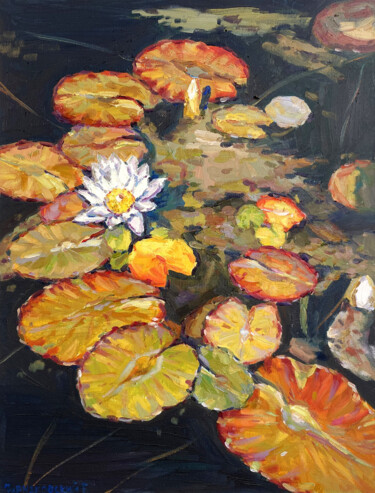 Painting titled "lily Water river" by Evgeny Chernyakovsky, Original Artwork, Oil Mounted on Wood Stretcher frame
