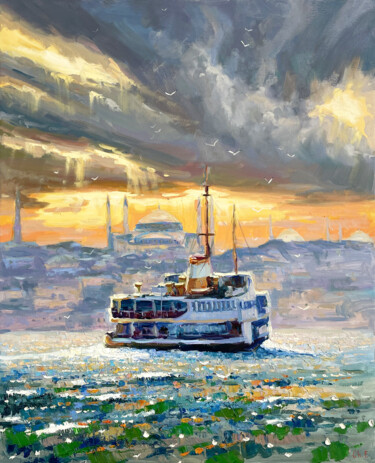 Картина под названием "Evening Sea Sunset" - Evgeny Chernyakovsky, Подлинное произведение искусства, Масло Установлен на Дер…