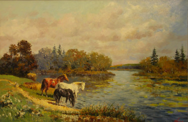 Painting titled "Horses drinking fro…" by Evgeny Malykh, Original Artwork, Oil
