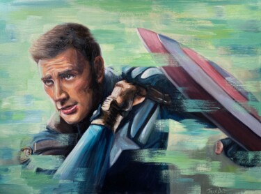 Painting titled "Captain America" by Evgeny Potapkin, Original Artwork, Oil Mounted on Wood Stretcher frame
