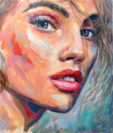 Painting titled "Thylane Blondeau po…" by Evgeny Potapkin, Original Artwork, Oil Mounted on Wood Stretcher frame