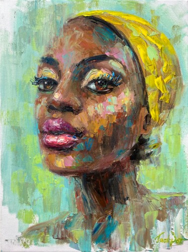 Painting titled "African queen portr…" by Evgeny Potapkin, Original Artwork, Oil Mounted on Wood Stretcher frame