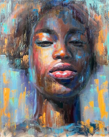 Painting titled "African queen portr…" by Evgeny Potapkin, Original Artwork, Oil Mounted on Wood Stretcher frame