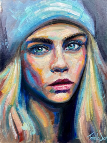 Schilderij getiteld "Cara Delevingne oil…" door Evgeny Potapkin, Origineel Kunstwerk, Olie Gemonteerd op Frame voor houten b…