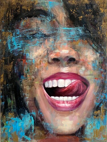 Painting titled "Abstract woman smil…" by Evgeny Potapkin, Original Artwork, Acrylic Mounted on Wood Stretcher frame