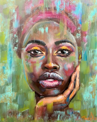 Pintura intitulada "African queen portr…" por Evgeny Potapkin, Obras de arte originais, Óleo Montado em Armação em madeira