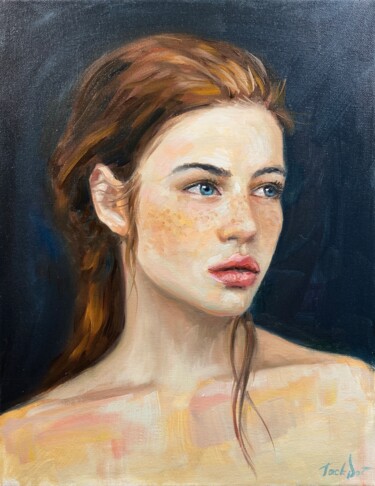 Painting titled "Redhead woman oil p…" by Evgeny Potapkin, Original Artwork, Oil Mounted on Wood Stretcher frame