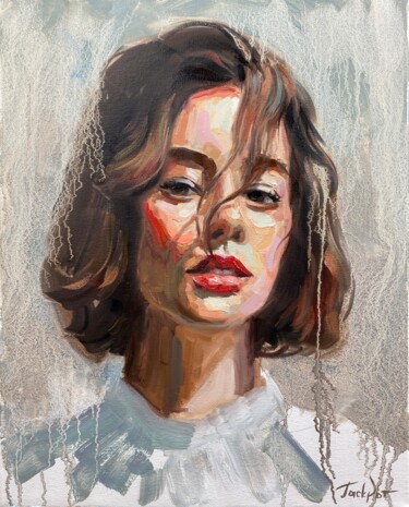 Painting titled "Woman oil portrait…" by Evgeny Potapkin, Original Artwork, Oil Mounted on Wood Stretcher frame