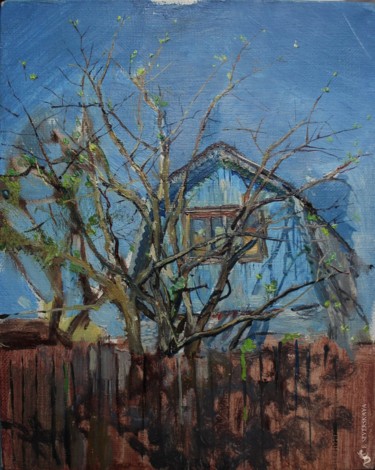 Картина под названием "Blue House | Голубо…" - Evgenya Severskaya, Подлинное произведение искусства, Масло Установлен на Дер…