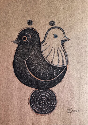 Desenho intitulada "Birds on a wheel" por Ewa Dura, Obras de arte originais, Marcador