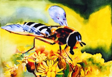 Painting titled "A Fly in yellow flo…" by Ewa Helzen, Original Artwork, Watercolor