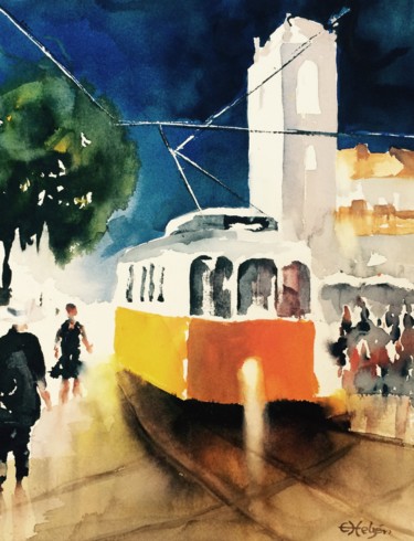Painting titled "Tram in city" by Ewa Helzen, Original Artwork, Watercolor
