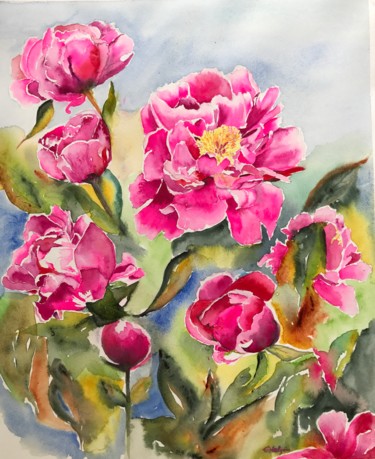 Painting titled "Peonies" by Ewa Helzen, Original Artwork