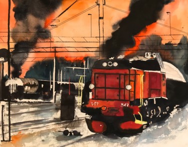 Painting titled "Trainyard" by Ewa Helzen, Original Artwork, Watercolor Mounted on Cardboard