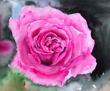 Painting titled "Pink rose" by Ewa Helzen, Original Artwork, Watercolor