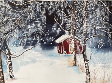 Painting titled "Small cottage in fo…" by Ewa Helzen, Original Artwork, Watercolor