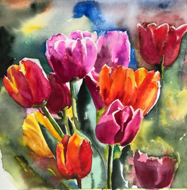 Painting titled "Lots of tulips" by Ewa Helzen, Original Artwork, Watercolor