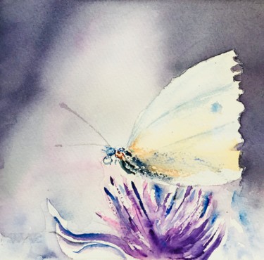 Painting titled "White butterfly" by Ewa Helzen, Original Artwork, Watercolor