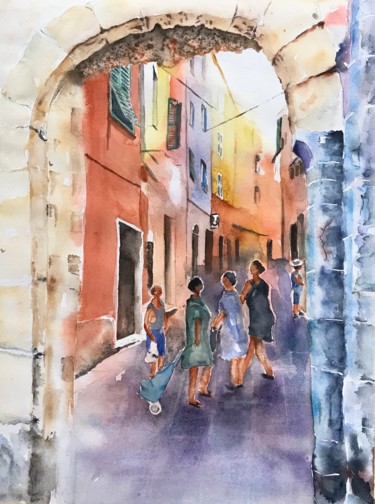 Schilderij getiteld "italien village" door Ewa Helzen, Origineel Kunstwerk, Aquarel