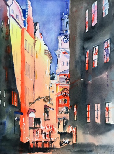 Painting titled "old town of Stockho…" by Ewa Helzen, Original Artwork, Watercolor
