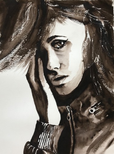 Painting titled "Girl on leather jac…" by Ewa Helzen, Original Artwork, Watercolor
