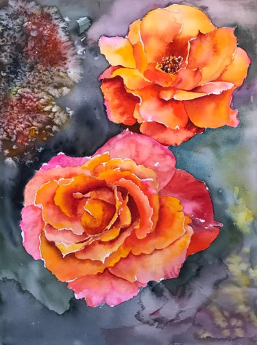 Painting titled "Roses in autumn" by Ewa Helzen, Original Artwork, Watercolor