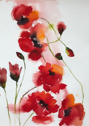 Painting titled "Poppies" by Ewa Helzen, Original Artwork, Watercolor