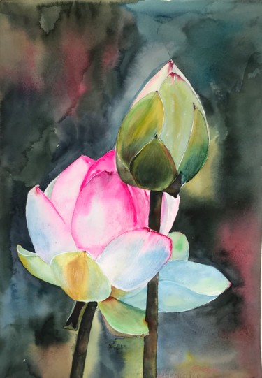 Painting titled "Lotus flower" by Ewa Helzen, Original Artwork, Watercolor