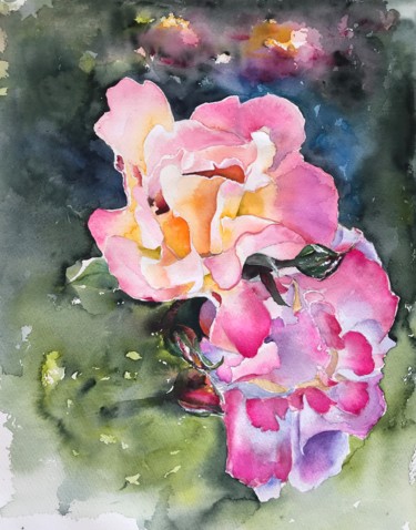 Painting titled "Yellow-pink roses" by Ewa Helzen, Original Artwork, Watercolor