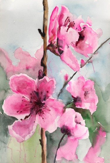 Painting titled "Apple blossoms" by Ewa Helzen, Original Artwork, Watercolor