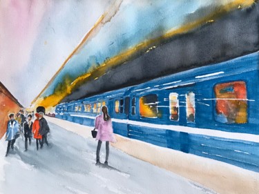 Painting titled "Next train" by Ewa Helzen, Original Artwork, Watercolor